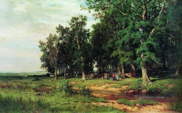 classical landscape Painting - mowing in the oak grove 1874 classical landscape Ivan Ivanovich trees